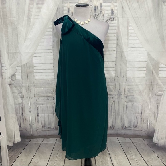 NEW Lauren Ralph Lauren Solid Green Chiffon Velvet One Shoulder Cocktail Dress - Picture 4 of 12